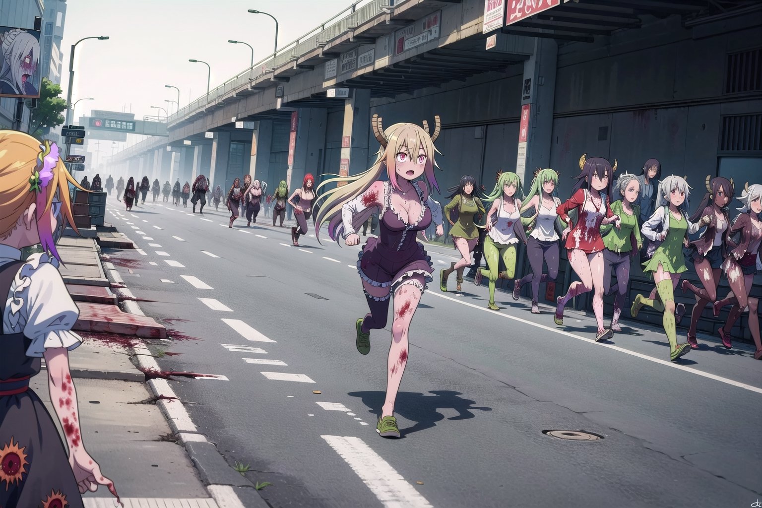 (masterpiece), (highway), 2girls, multiple girls, maid, silver hair, black hair, (running away from a hoard of zombie:1.3), (hoard, zombie:1.3), bus,tohru (maidragon) 
