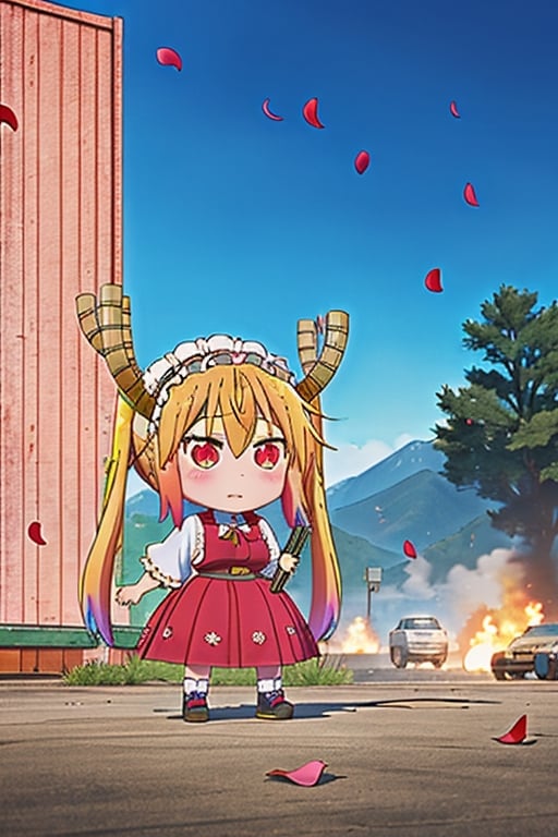 ((chibi)), girl, cute, kawaii, anime, cartoon, full body, manga, illustration, drawing, art, game, battlefield, gun, weapon, equipment, military, army, soldier, pubg, playunknowns_battlegrounds, action, adventure, war, conflict, valentine's day, rose petal.,tohru (maidragon)