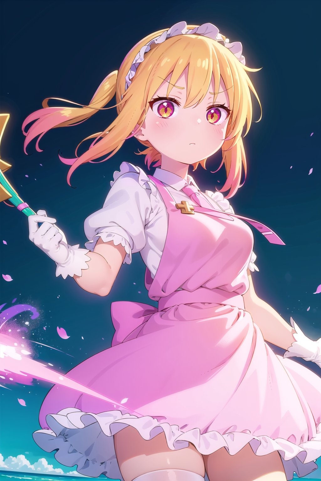 (masterpiece), fantasy, 1girl, guardian, medic, medium hair, yellow hair, headband, pink clothes, white dress, short skirt, white apron, frill, white breastplate, white gloves, staff, (pink cross), first aid kit, ,tohru (maidragon)