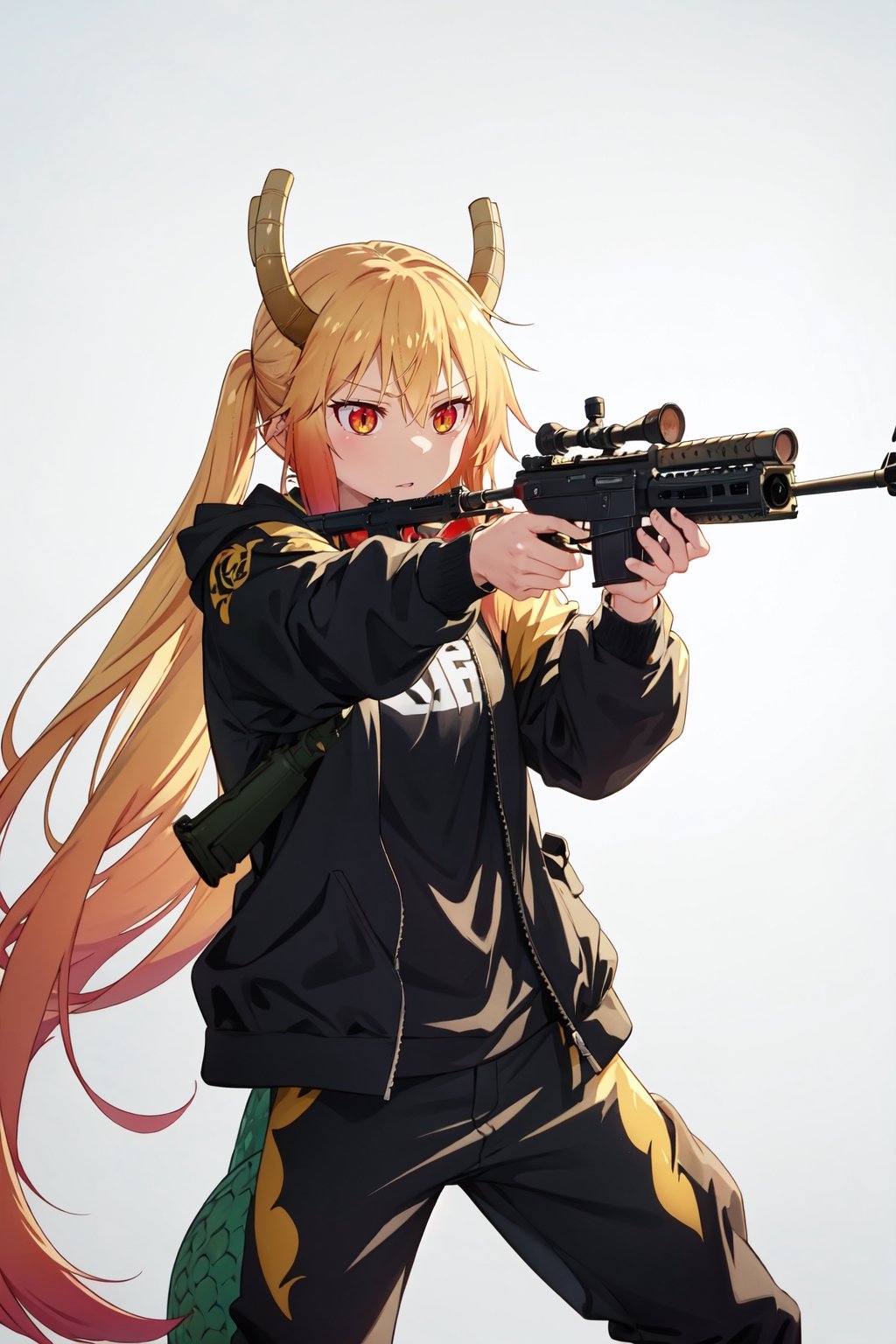 AWP | Dragon Lore (WW),tohru, holding_weapon, sniper, gun, (pointing at a camera), (pointing the gun)