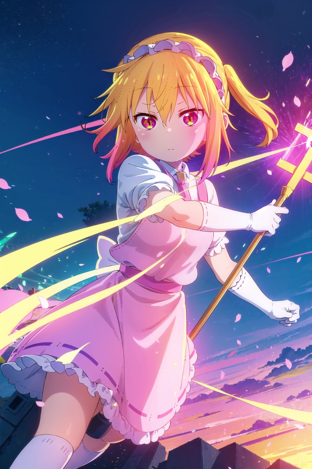 (masterpiece), fantasy, 1girl, guardian, medic, medium hair, yellow hair, headband, pink clothes, white dress, short skirt, white apron, frill, white breastplate, white gloves, staff, (pink cross), first aid kit, ,tohru (maidragon)