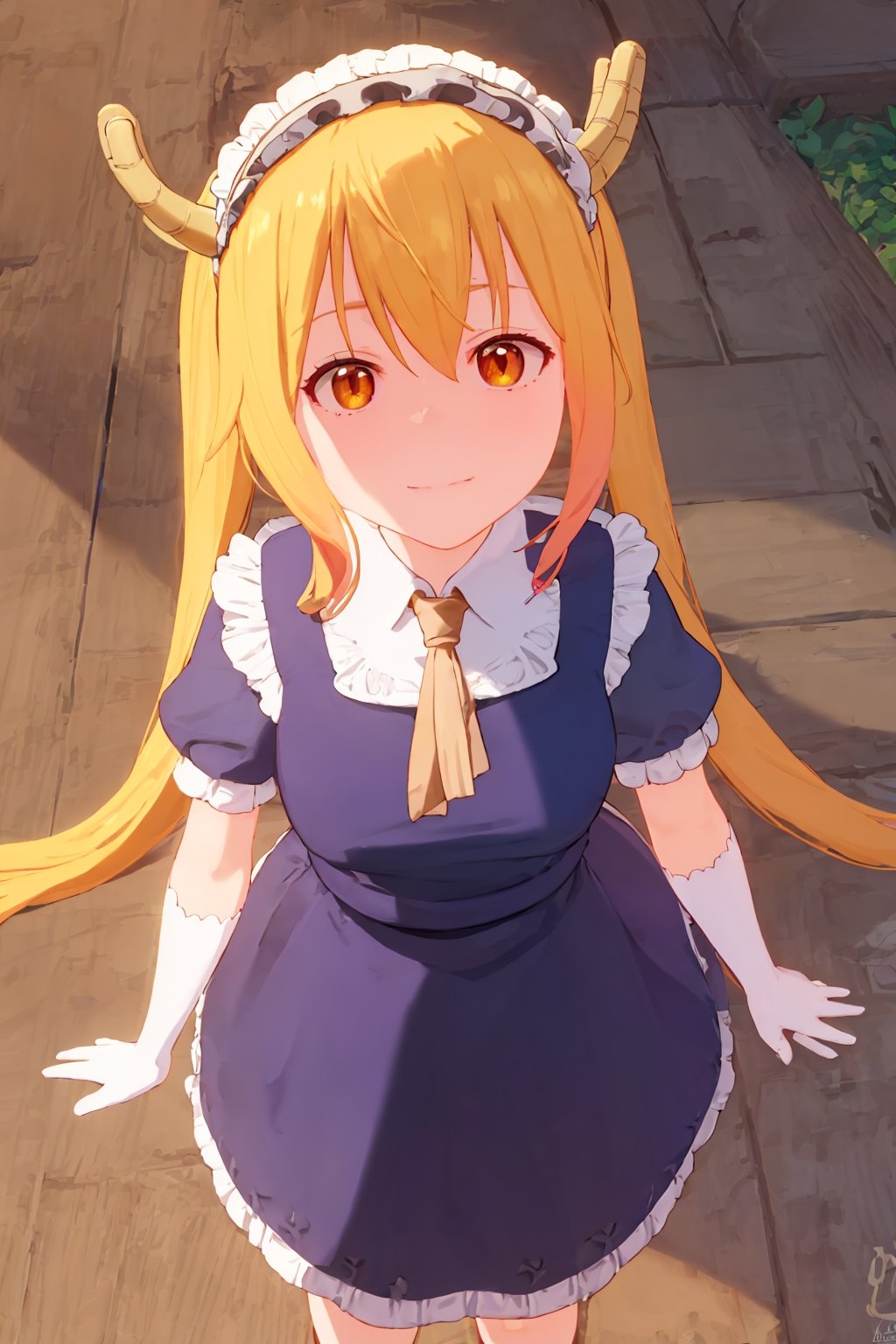 masterpiece, beautiful, 4k, 1 girl, solo, tohru (maidragon), yellow hair, long hair, pov from up,Girl