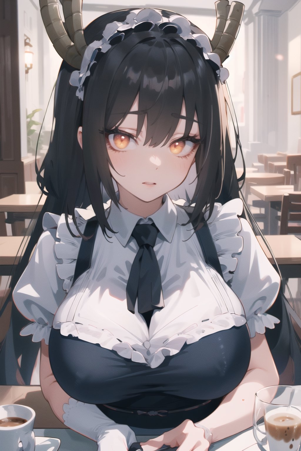 BEST QUALITY, HIGHRES, ABSURDRES, HIGH_RESOLUTION, MASTERPIECE, SUPER DETAIL, HYPER DETAIL, INTRICATE_DETAILS, LIGNE_CLAIRE, PERFECTEYES, DARK EYELASHES, EYELINER, SOFT GLOWING EYES,

large_breasts, looking_at_viewer, cafe, tohru (maidragon)
