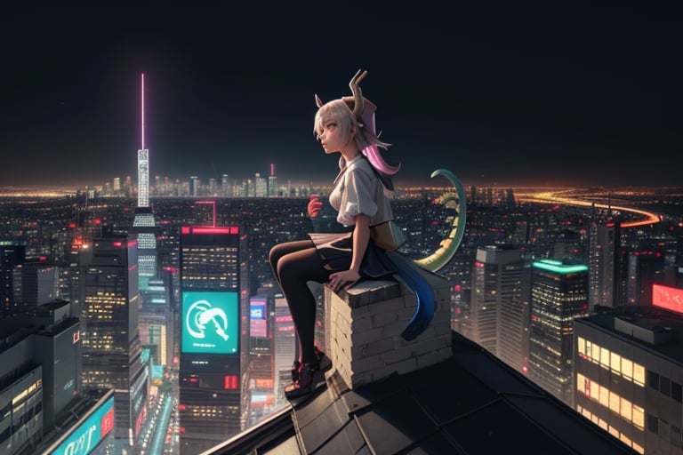 1 girl perched on a futuristic rooftop, gazing at a holographic city skyline, solitude, reflection, cityscape, futurism, contemplation, rooftop lair, wide-angle lens, twilight, 24mm focal distance, cyberpunk landscape, by SilverWhiskers, tohru (maidragon)