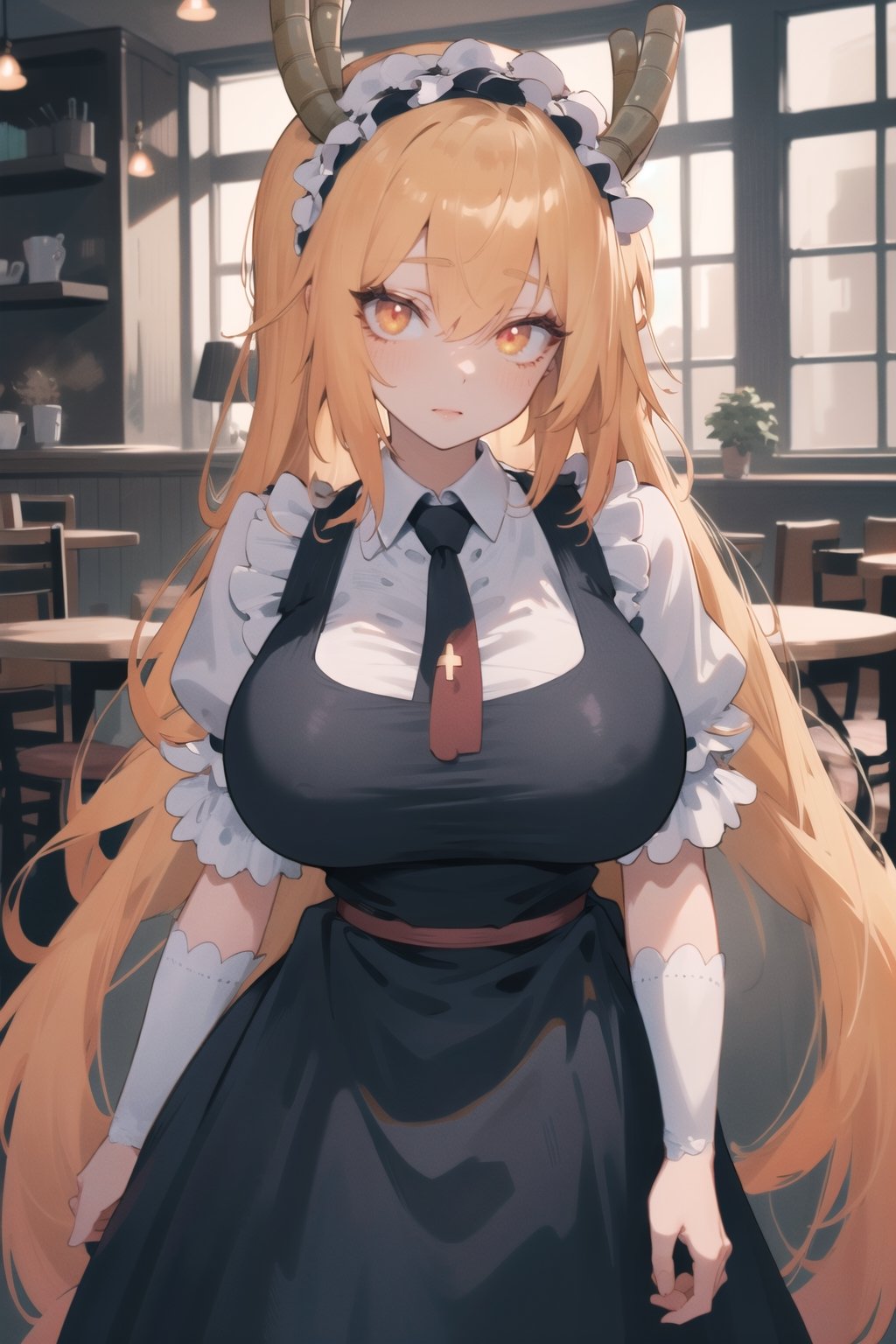 BEST QUALITY, HIGHRES, ABSURDRES, HIGH_RESOLUTION, MASTERPIECE, SUPER DETAIL, HYPER DETAIL, INTRICATE_DETAILS, LIGNE_CLAIRE, PERFECTEYES, DARK EYELASHES, EYELINER, SOFT GLOWING EYES,

large_breasts, looking_at_viewer, cafe, tohru (maidragon), full_body
