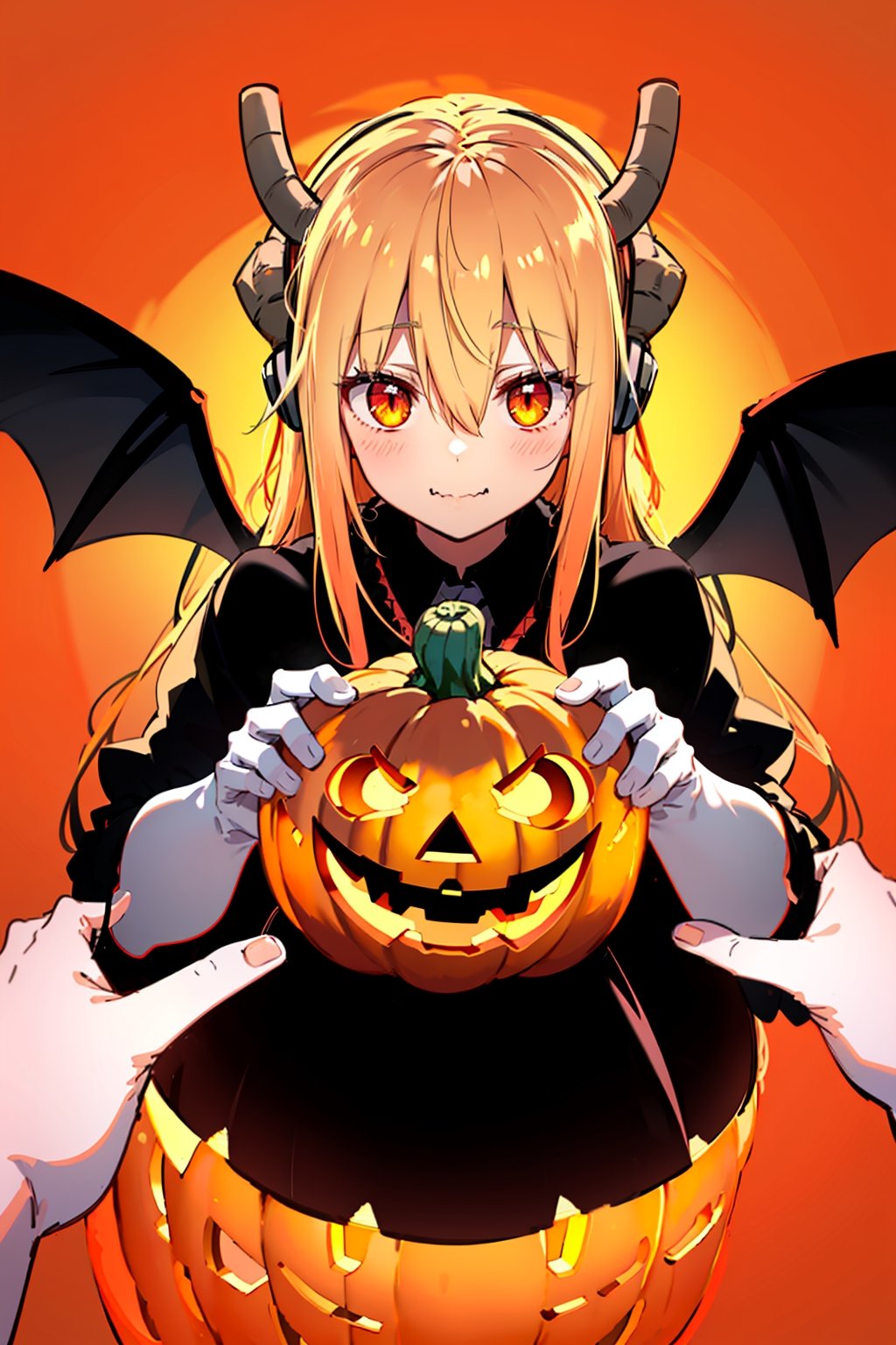 (pumpkin color cute background:1.3), rough sketch tiny girl, (succubus:0.8), fluffy dress,((devil's black wings)), demon horns, ((griping the edge of pumpkin lantern with hands)), looking at viewer, (Helltaker:1.1),tohru (maidragon),long hair,bangs,red eyes,yellow hair,hair between eyes,headphones around neck, tohru (maidragon)