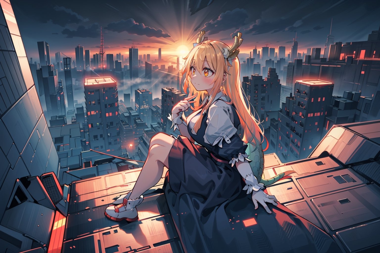 1 girl perched on a futuristic rooftop, gazing at a holographic city skyline, solitude, reflection, cityscape, futurism, contemplation, rooftop lair, wide-angle lens, twilight, 24mm focal distance, cyberpunk landscape, by SilverWhiskers, tohru (maidragon), 4k, beautiful, masterpiece