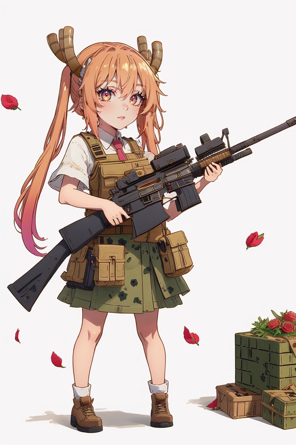 ((chibi)), girl, cute, kawaii, anime, cartoon, full body, manga, illustration, drawing, art, game, battlefield, gun, weapon, equipment, military, army, soldier, pubg, playunknowns_battlegrounds, action, adventure, war, conflict, valentine's day, rose petal.,tohru (maidragon),Holding an assault rifle 