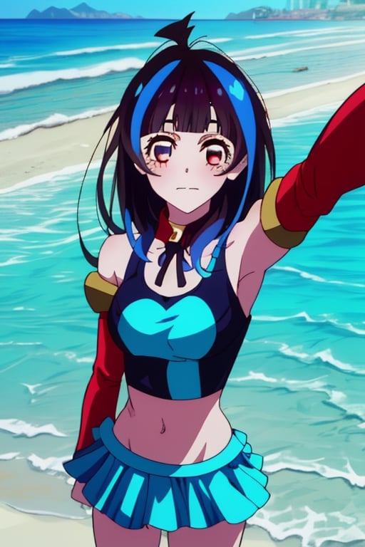 hight quality,(long shot),1080P, beautiful face,1girl,solo,selfie,in a light blue swimsuit, with day beach in the background, Mini Yaemori from rent a girlfriend, hair ornament, center opening, navel, midriff, skirt, detached sleeves