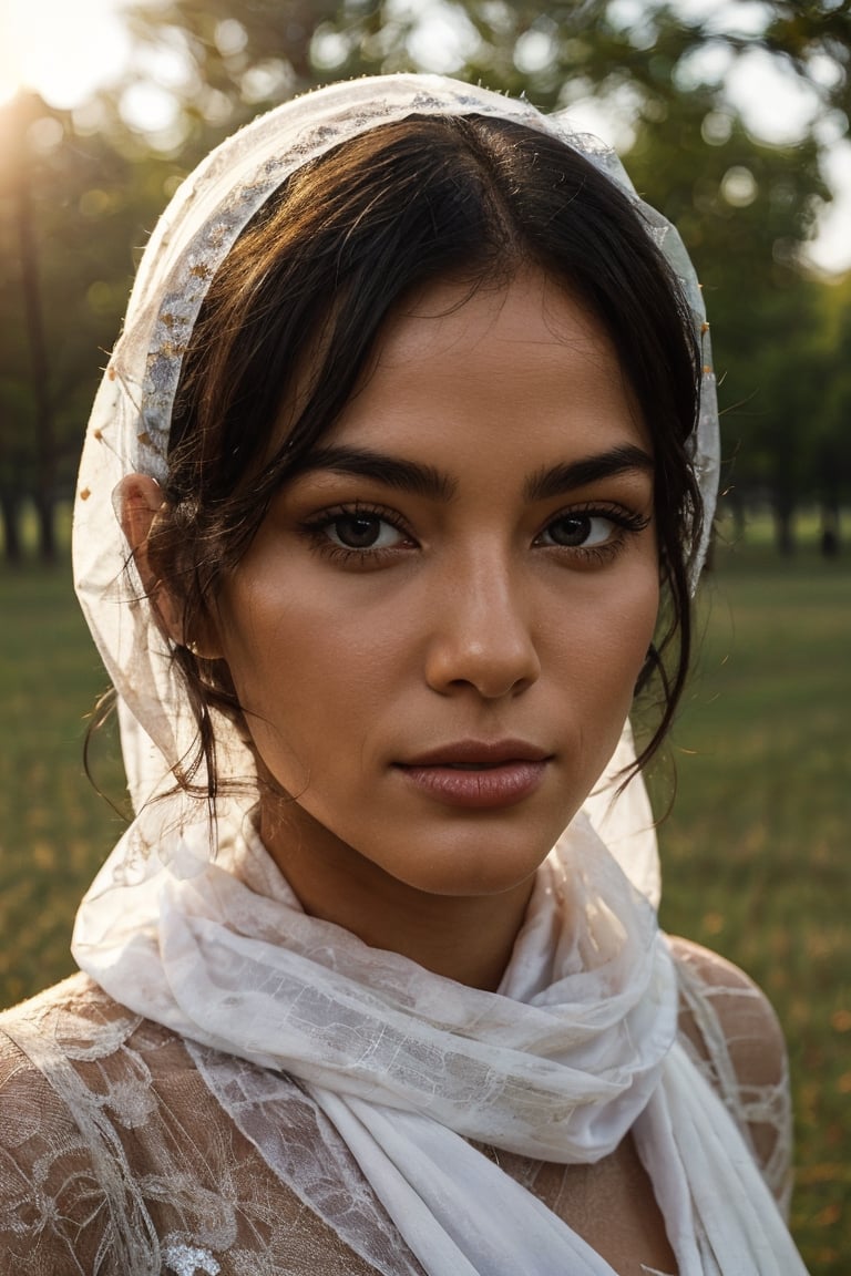 He creates a woman, like a masterpiece, """hyper realistic""", her features are perfect, her face is perfect,with very human texture and features big brown eyes with big eyelashes, small and perfect nose, big and full lips, her skin looks like porcelain, she has no flaws. 

She has a white transparent cloth scarf, with texture on her head and that covers part of her face, but shows her features, she has a fixed and penetrating gaze .It's windy and her handkerchief is moving just like her hair. 

That you can see half of your body and your body and face. ((it's in an outdoor environment like a field and it's getting dark)Dim light,REALISTIC,more saturation ,Masterpiece,sunset_scenery_background