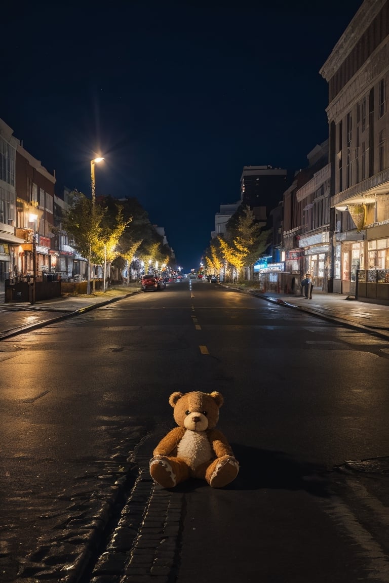 There is a teddy bear lying lying on the street, the bear has realistic and furry texture
The street is empty, it is night and there are ambient lights, red, blue and yellow.
((it's super realistic))
full and half shot