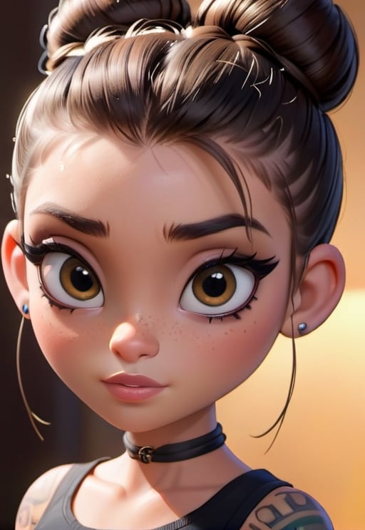 It generates a high-quality drawing image, extreme details, ultra definition, extreme realism, high-quality lighting, 16k UHD, a teenage girl with tattoos, big eyes with big eyelashes, her eye color is brown, she wears her hair tied up with a bun and looks like a bratz doll,cartoon ,disney pixar style