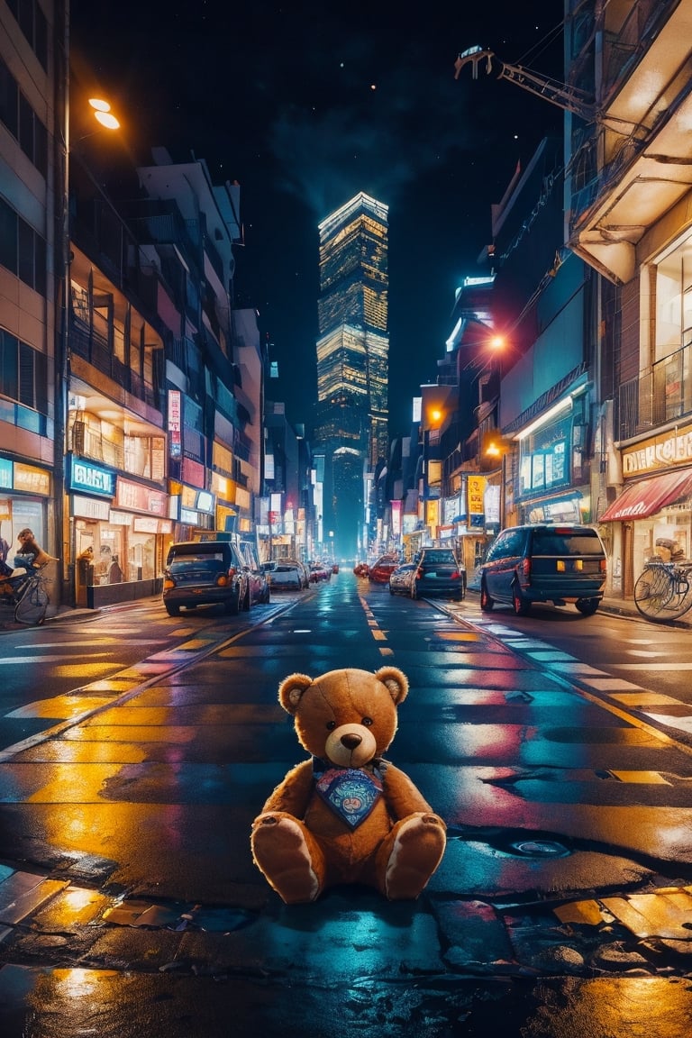 There is a teddy bear lying on the street, the bear has a realistic and furry texture.
The street is empty at night and there are ambient lights, red, blue and yellow
"" all the shops, cars and objects on the street are perfect"" 1.4
((it's super realistic))
full and half shot, CyberpunkWorld+