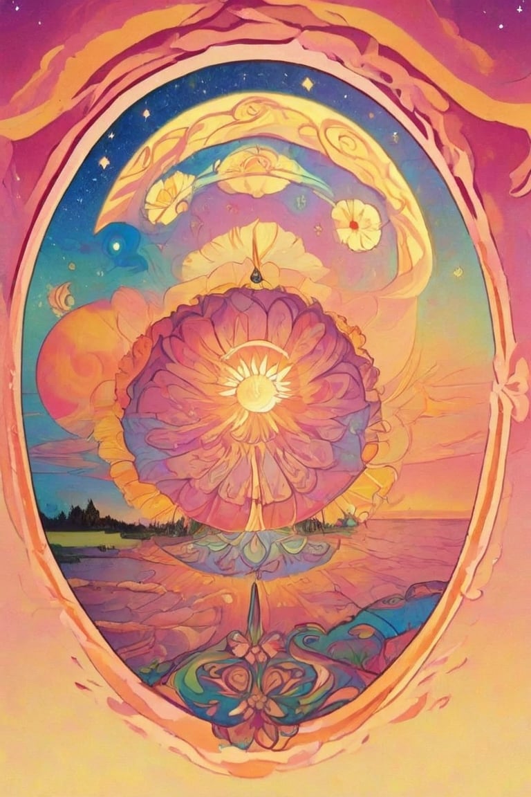 Create a tarot card that has a sunset,sticker,fluttershysaidsyayyy