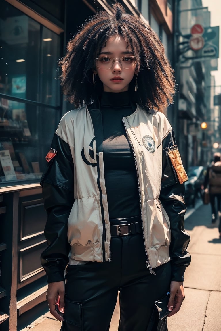 (best quality, masterpiece: 1.2), Create a woman with very dark skin, with African features, large eyes, small and wide nose, full lips and large mouth, FRECKLES IN THE AREA OF HER NOSE AND CHEEKBONES ((hyper realistic)) with a cyber punk style, tight cargo pants, top and war jacket, with a gun in her hand,  His hands are perfect with no mistakes. The image is as if in motion, the expression on his face is one of fighting,cyborg,cyberpunk glasses,(PnMakeEnh)