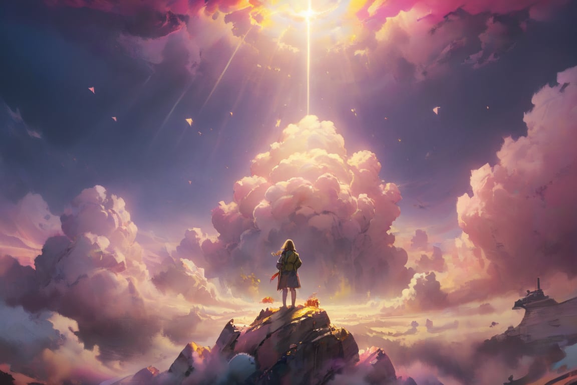 It generates a high-quality cinematic image, extreme details, ultra definition, extreme realism, high-quality lighting, 16k UHD, a hippie-style yellow collective emerging from a pink-violet cloud in the sky, as if suspended in the air