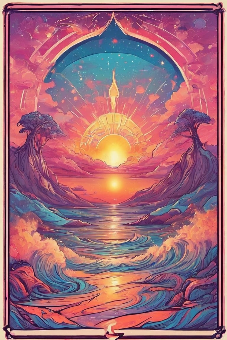 Create a tarot card that has a sunset,sticker,fluttershysaidsyayyy,Psychedelic alien worlds ,3l3ctronics,T-shirt design