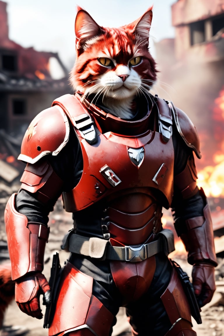 ((HYPER-REALIISTYC))
Create a human-sized cat, with furry texture and perfect details. The expression on his face is one of pain and fury.
He wears a dark red war suit, he is a fighter
He is in an open-air war context
Sunlight is little
Lots of chaos and destruction around
There is a battle,more detail XL