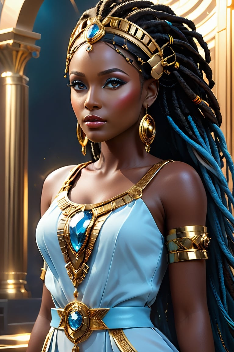 (best quality, masterpiece: 1.2), Create a woman with very dark skin, with African features, large eyes, small and wide nose, full lips and large mouth, FRECKLES IN THE AREA OF HER NOSE AND CHEEKBONES ((hyper realistic)) with a tight white dress, with gold details. She has a light blue and gold makeup. In her BLACK hair she has dreadlocks with gold accessories. His hands are perfect with no mistakes. His style is that of MEL MEDARDA DE ARCANE from League of Legends