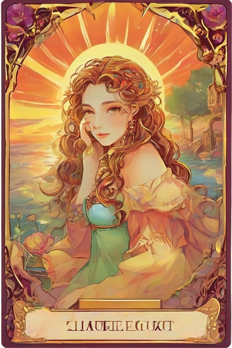 Create a tarot card that has a sunset,sticker,ZilleAI,MaskGO24K