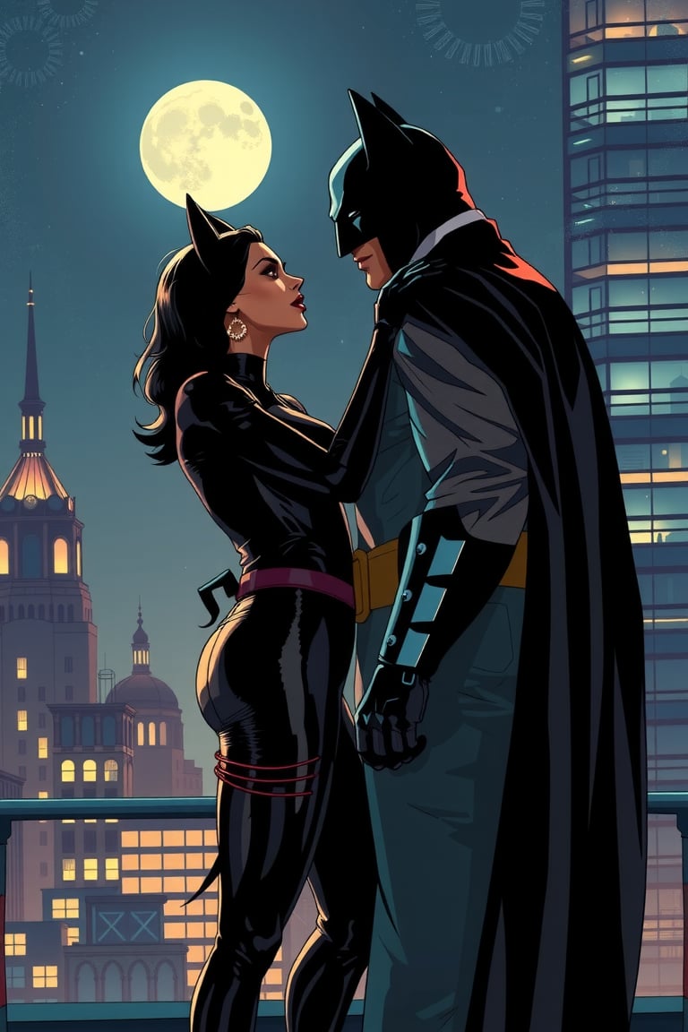 Highly detailed 16K UHD comic book illustration of Catwoman (Selina Kyle) and Batman (Bruce Wayne) standing on a Gotham City rooftop at night. They face each other, locked in an intense, romantic gaze, with palpable love and tension. Catwoman in her sleek black leather catsuit, mask on, exudes confidence and tenderness. Batman, in his iconic dark suit and cape, stands strong and protective. Moonlight softly illuminates their faces, contrasting with the distant Gotham skyline and glowing city lights. The rooftop is dimly lit, their silhouettes dramatic against the night sky. Art style influenced by Clay Mann and Jim Lee, featuring strong, clean lines, expressive body language, and dynamic, atmospheric lighting. Mood a mix of romance and mystery, with an epic, cinematic feel.