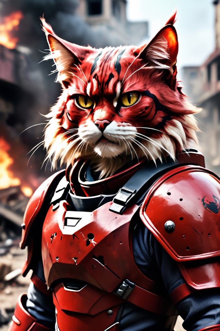 ((HYPER-REALIISTYC))
Create a human-sized cat, with furry texture and perfect details. The expression on his face is one of pain and fury.
He wears a dark red war suit, he is a fighter
He is in an open-air war context
Sunlight is little
Lots of chaos and destruction around
There is a battle,more detail XL