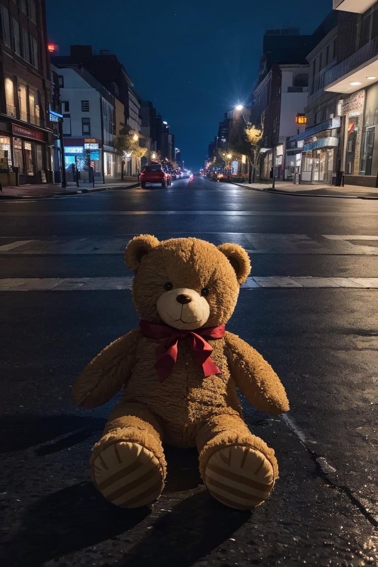 There is a teddy bear lying on the street, the bear has realistic and furry texture
The street is empty, it is night and there are ambient lights, red, blue and yellow.
((it's super realistic))
full and half shot,abenoharukas