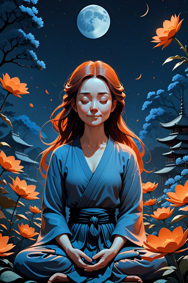 Generate a cinematic image of high quality, extreme detail, ultra definition, extreme realism, high quality lighting, 16k UHD, a vector illustration of a woman in zen mode, related to meditation and calm smiling blue and orange tones for a meditation application but lofi style in the style of Keith Negley, Mike Mignola, Jon Klassen. With flowers and abstract elements around, it's night and you can see the moon