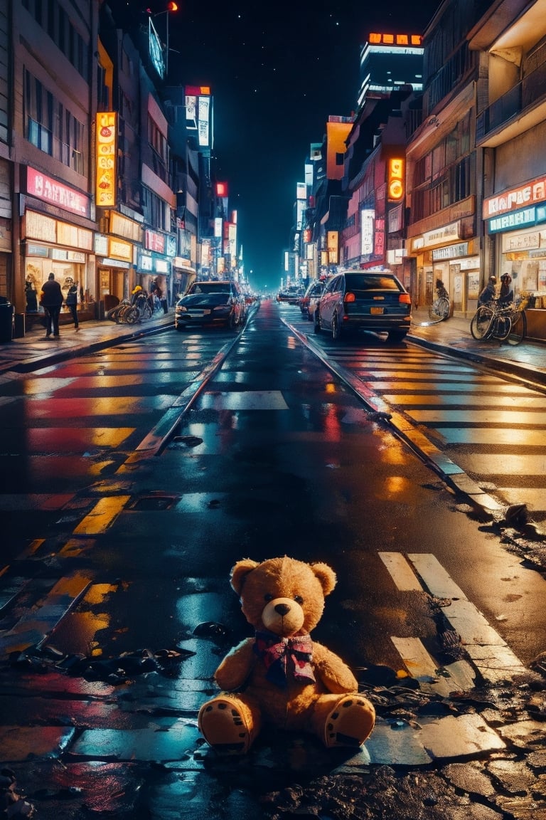 There is a teddy bear lying on the street, the bear has a realistic and furry texture.
The street is empty at night and there are ambient lights, red, blue and yellow, all the shops, cars and objects on the street are perfect 1.4
((it's super realistic))
full and half shot, CyberpunkWorld+
