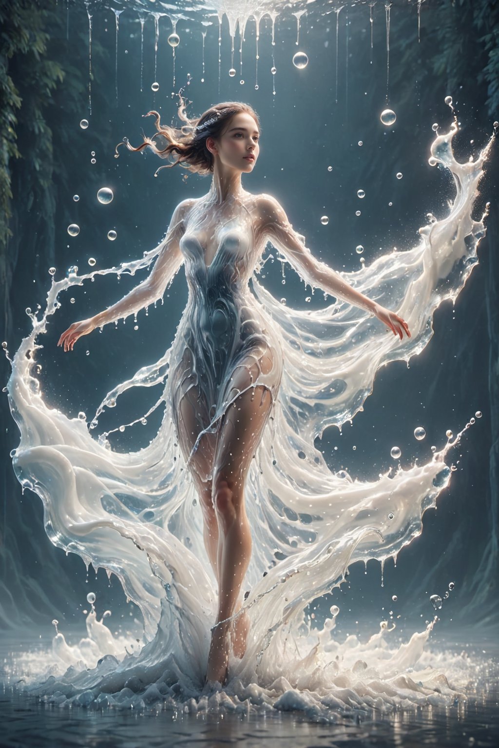 create a beautiful ukraine girl dancing with mik splash wedding dress , splashed,spray ,spray from two side  , subsurface scattering, translucent, 100mm,Movie Still,detailmaster2,Film Still,make_3d,aesthetic portrait,eyes shoot , full body , ballet pose , 1girl , beauty nose and mouth , A-line , flying wrap dress, secret,liquid dress,watce , background in dark studio , one_hand_raised , skirt vanish in another side  , dress look more liquid , tall girl , white water ,  milk white , backdround with fantasy color bubbles,eyes shoot