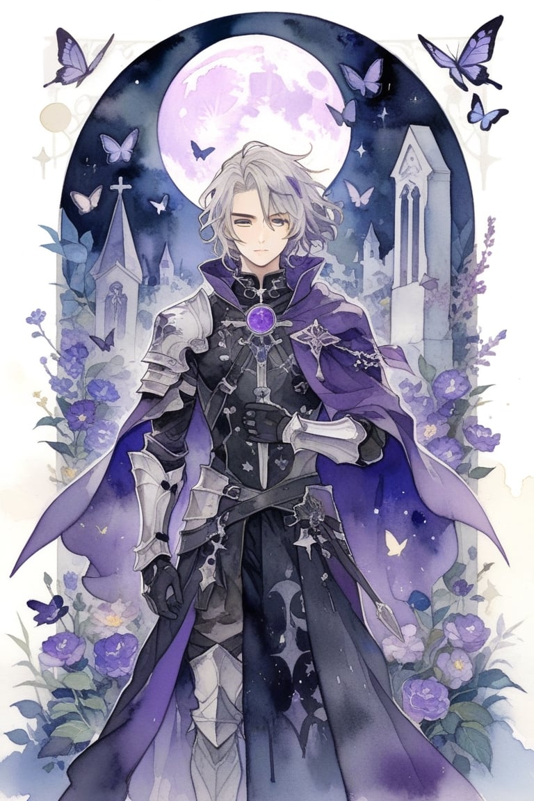 tarot, Dark Paladin, 1 male in his 20's, standing, white hair, medium hair, messy hair, silver armor, purple cape, purple eyes, night, moon, graveyard, purple flowers in graveyard, purple_magic_butterflies, aesthetic, watercolor \(medium\),extremely detailed