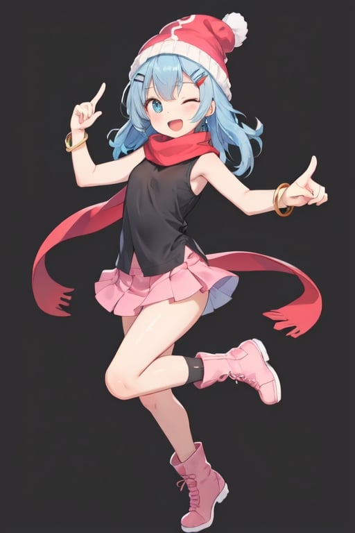 1girl, solo, long hair, looking at viewer, smile, open mouth, blue eyes, skirt, simple background, shirt, hair ornament, hat, jewelry, blue hair, standing, full body, boots, one eye closed, sleeveless, socks, hairclip, miniskirt, scarf, bracelet, kneehighs, black shirt, eyelashes, sleeveless shirt, white headwear, leg up, standing on one leg, ;d, pointing, black background, black socks, clenched hand, pink skirt, red scarf, pink footwear, beanie