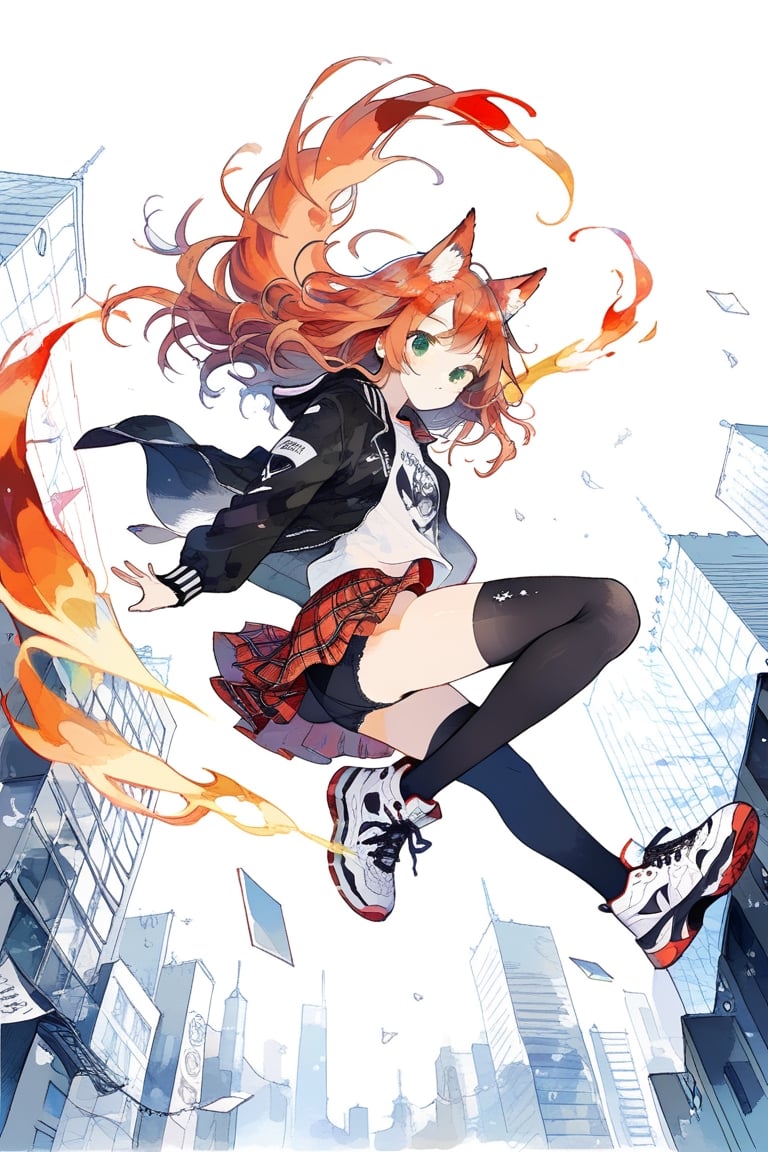 solo_female, fox girl, ginger hair, fox tail, long hair, green eyes, black and white letter jacket, red plaid skirt, white band shirt, white and black high top sneakers, black thighhighs, full flame aura, city background, falling, leg tuck, upskirt, green panties, full_body, aesthetic, emo,