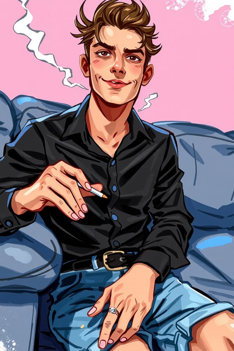 Captured at eye-level, a vibrant cartoon drawing of a young man with dark hair, wearing a black collared button-down long-sleeved button-up shirt, adorned with a black belt, is sitting on a gray couch. His right hand is resting on the armrest of the couch, while his left hand is holding a cigarette in his right hand. His left wrist is adorned with tattoos, adding a pop of color to the scene. The couch is set against a backdrop of pink and blue lighting, creating a striking contrast to the man's outfit.,watercolor,painting,paper texture,watercolor paper,sketch,colored pencil,ART_painting,art_solyanka