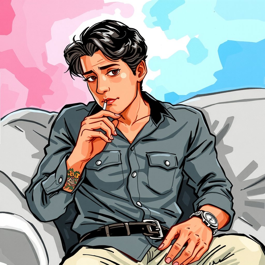 The vivid cartoon drawing, made at eye level, shows a sexy man with dark hair, wearing a button-down shirt with a black collar and long sleeves, belted with a black belt, sitting in a relaxed position on a gray sofa. His right hand rests on the armrest of the sofa, while in his left he holds a cigarette. His left wrist is decorated with tattoos that add brightness to the scene. The sofa is set against a background of pink and blue backlight, which creates a striking contrast with men's attire,watercolor,painting,paper texture,watercolor paper,sketch,colored pencil,ART_painting,art_solyanka, watercolor