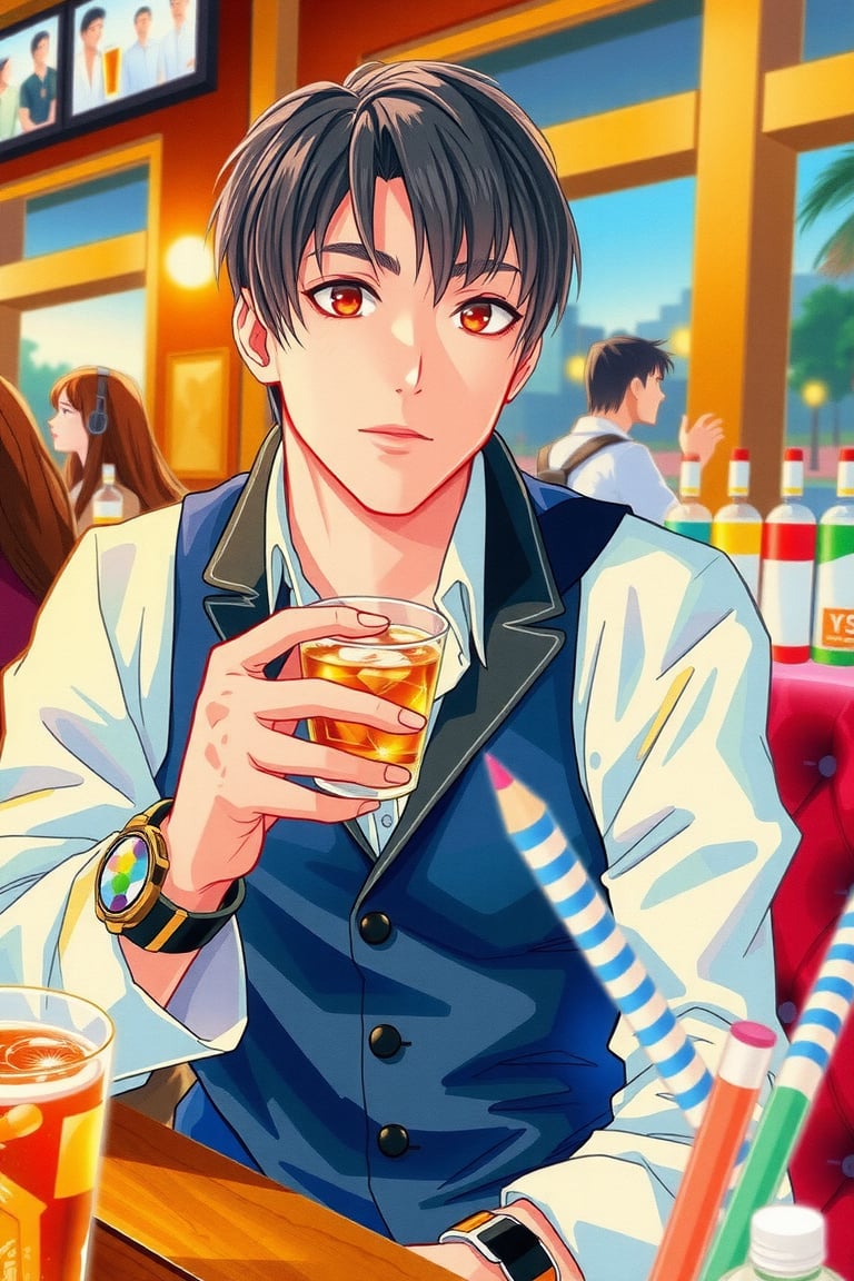 (1man), The man is 25 years old, solo, looking at viewer, short hair, red eyes, shirt, black hair, long sleeves, holding, pirsing, sitting, jacket, upper body, ((male focus)), vest, cup, holding cup, alcohol, watch, drinking, wristwatch, bar \(place\), 

motion blur, nuance. dynamic view, golden hour, splitter effect, Stylish. Cute, hot, 

watercolor,painting,art,paper texture,watercolor paper,sketch,colored pencil,ART_painting, watercolor