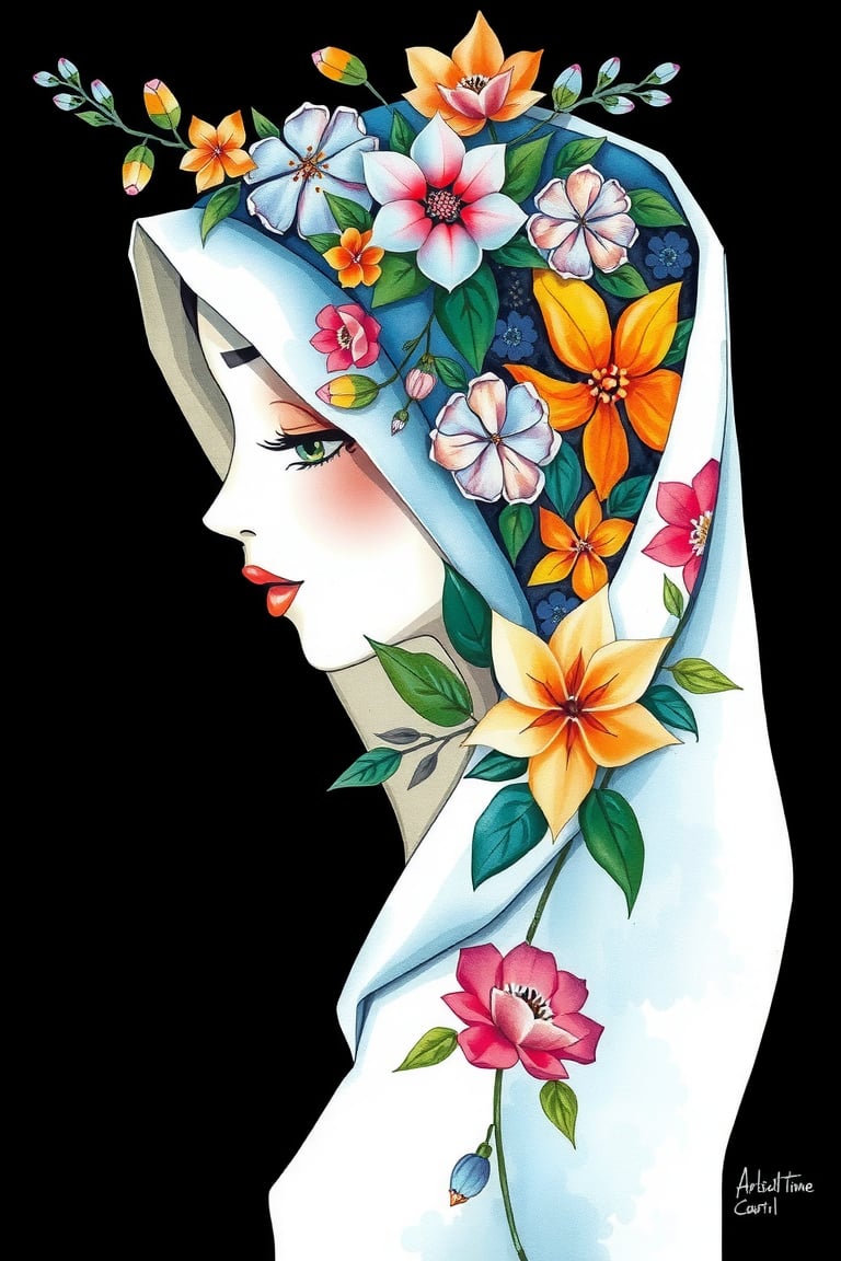 1girl, solo, simple background, artist name, profile, leaf, black background, veil, freckles, The image presents a stylized representation of a female figure with a headscarf intricately adorned with floral patterns. The artwork is executed in a watercolor style, characterized by its fluidity and the way colors blend into one another. The background is solid black, which accentuates the vibrancy of the floral designs on the headscarf and the subject's face. The color palette consists of a mix of pastels and vivid hues, including shades of pink, blue, green, and orange. The overall impression is one of elegance and creativity, with the floral motif suggesting themes of nature and femininity.

watercolor,paper texture,painting,watercolor paper,colored pencil,sketch,ART_painting