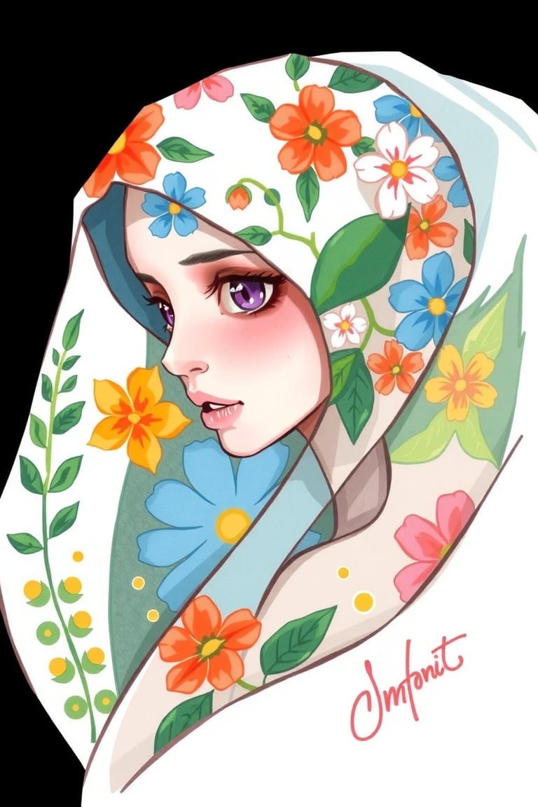 1girl, solo, simple background, artist name, profile, leaf, black background, veil, freckles, The image presents a stylized representation of a female figure with a headscarf intricately adorned with floral patterns. The artwork is executed in a watercolor style, characterized by its fluidity and the way colors blend into one another. The background is solid black, which accentuates the vibrancy of the floral designs on the headscarf and the subject's face. The color palette consists of a mix of pastels and vivid hues, including shades of pink, blue, green, and orange. The overall impression is one of elegance and creativity, with the floral motif suggesting themes of nature and femininity.

watercolor,paper texture,painting,watercolor paper,colored pencil,sketch