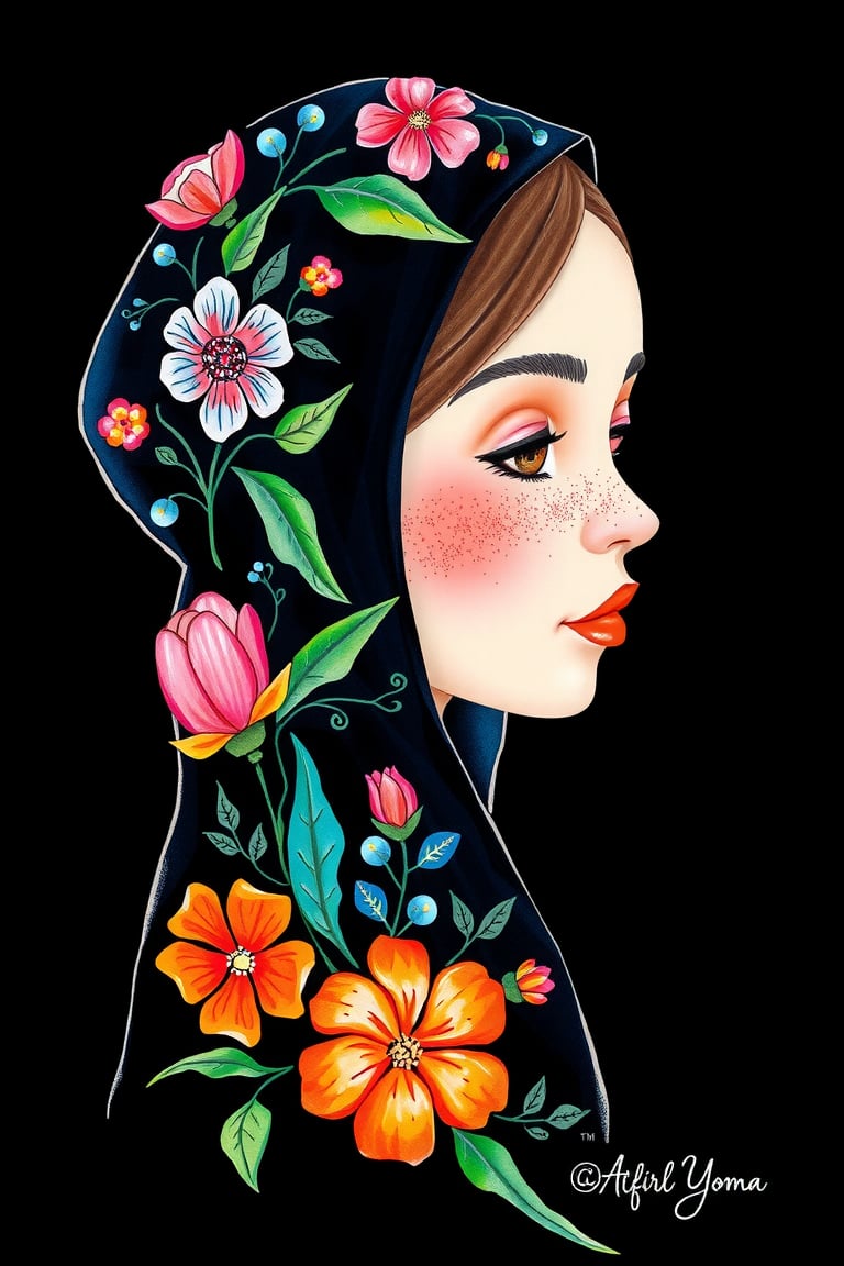 1girl, solo, simple background, artist name, profile, leaf, black background, veil, freckles, The image presents a stylized representation of a female figure with a headscarf intricately adorned with floral patterns. The artwork is executed in a watercolor style, characterized by its fluidity and the way colors blend into one another. The background is solid black, which accentuates the vibrancy of the floral designs on the headscarf and the subject's face. The color palette consists of a mix of pastels and vivid hues, including shades of pink, blue, green, and orange. The overall impression is one of elegance and creativity, with the floral motif suggesting themes of nature and femininity.

watercolor,paper texture,painting,watercolor paper,colored pencil,sketch,ART_painting