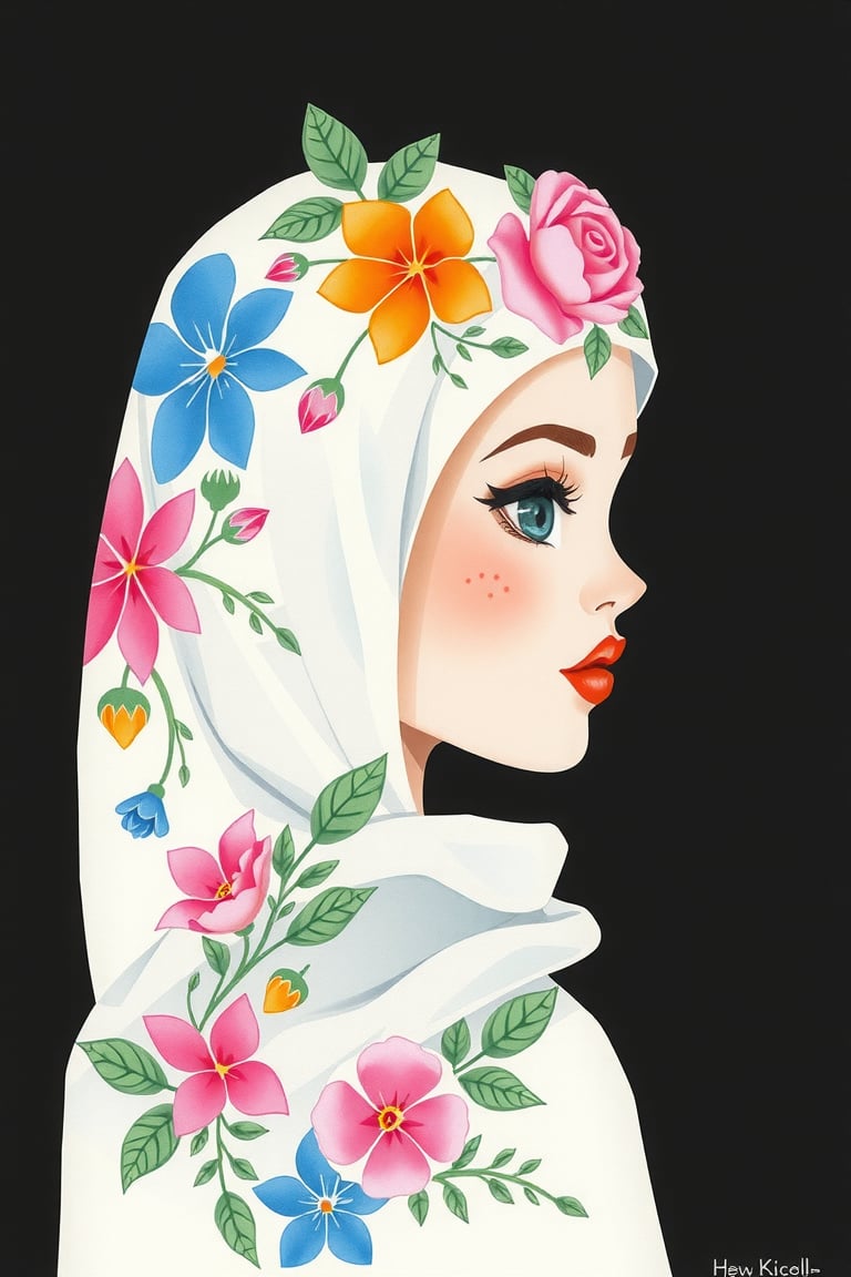 1girl, solo, simple background, artist name, profile, leaf, black background, veil, freckles, The image presents a stylized representation of a female figure with a headscarf intricately adorned with floral patterns. The artwork is executed in a watercolor style, characterized by its fluidity and the way colors blend into one another. The background is solid black, which accentuates the vibrancy of the floral designs on the headscarf and the subject's face. The color palette consists of a mix of pastels and vivid hues, including shades of pink, blue, green, and orange. The overall impression is one of elegance and creativity, with the floral motif suggesting themes of nature and femininity.

watercolor,paper texture,painting,watercolor paper,colored pencil,sketch,ART_painting