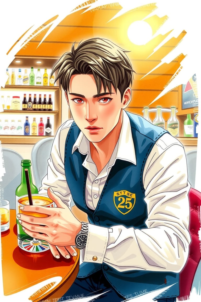 (1man), The man is 25 years old, solo, looking at viewer, short hair, red eyes, shirt, black hair, long sleeves, holding, pirsing, sitting, jacket, upper body, ((male focus)), vest, cup, holding cup, alcohol, watch, drinking, wristwatch, bar \(place\), 

motion blur, nuance. dynamic view, golden hour, splitter effect, Stylish. Cute, hot, 

watercolor,painting,art,paper texture,watercolor paper,sketch,colored pencil,ART_painting, watercolor