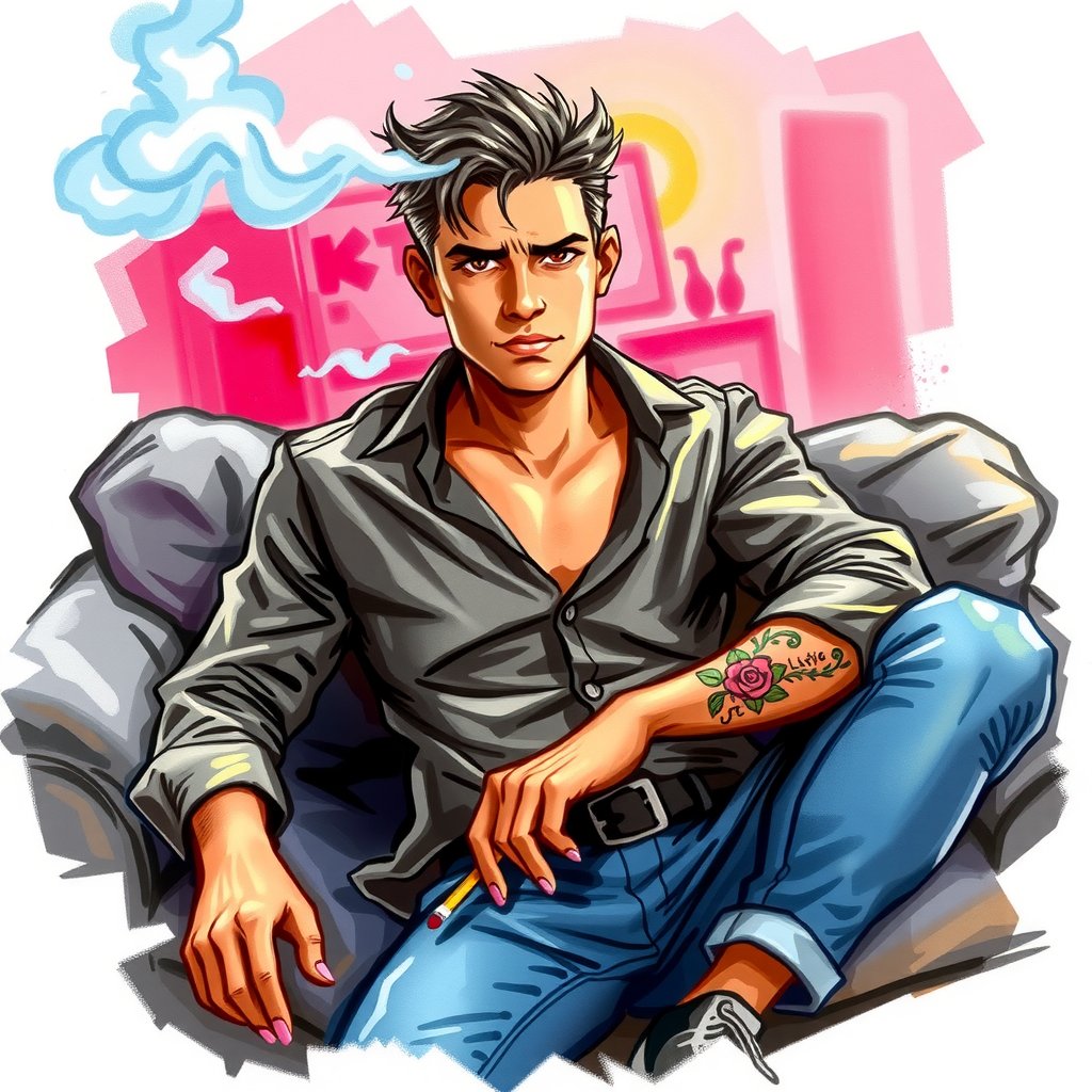 The vivid cartoon drawing, made at eye level, shows a sexy man with dark hair, wearing a button-down shirt with a black collar and long sleeves, belted with a black belt, sitting in a relaxed position on a gray sofa. His right hand rests on the armrest of the sofa, while in his left he holds a cigarette. His left wrist is decorated with tattoos that add brightness to the scene. The sofa is set against a background of pink and blue backlight, which creates a striking contrast with men's attire,watercolor,painting,paper texture,watercolor paper,sketch,colored pencil,ART_painting,art_solyanka, watercolor