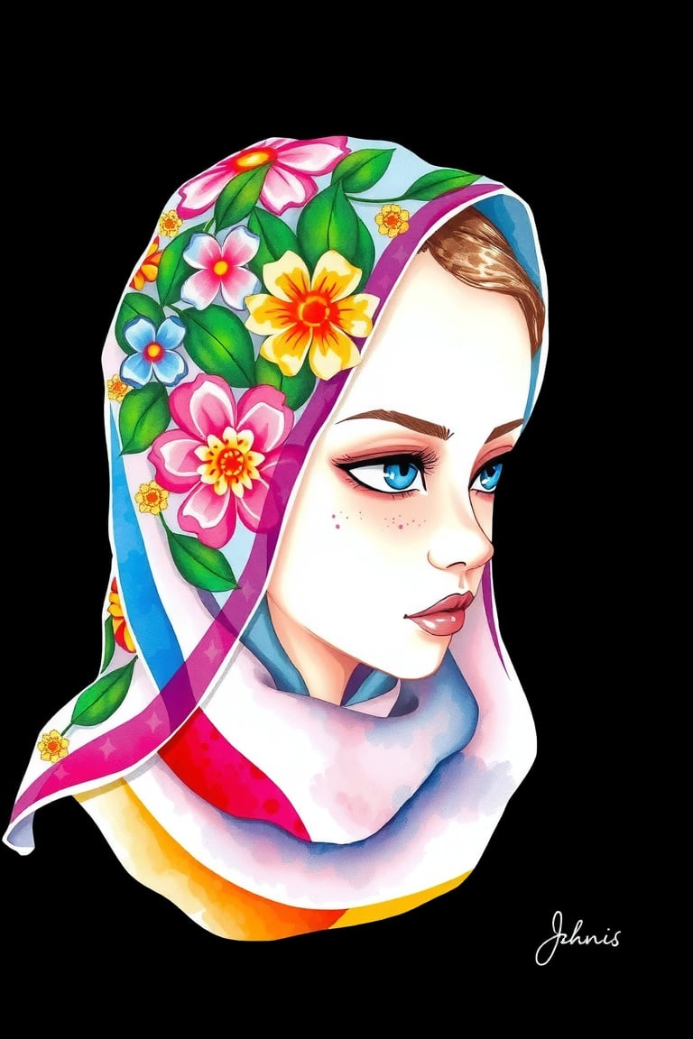 1girl, solo, simple background, artist name, profile, leaf, black background, veil, freckles, The image presents a stylized representation of a female figure with a headscarf intricately adorned with floral patterns. The artwork is executed in a watercolor style, characterized by its fluidity and the way colors blend into one another. The background is solid black, which accentuates the vibrancy of the floral designs on the headscarf and the subject's face. The color palette consists of a mix of pastels and vivid hues, including shades of pink, blue, green, and orange. The overall impression is one of elegance and creativity, with the floral motif suggesting themes of nature and femininity.

watercolor,paper texture,painting,watercolor paper,colored pencil,sketch