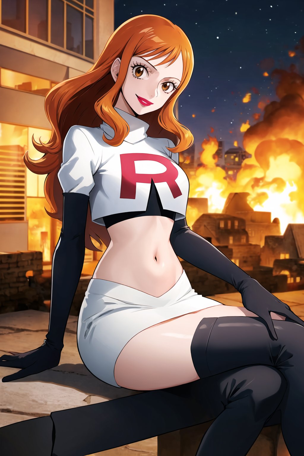 Team Rocket, cropped jacket, white jacket, crop top, jacket, gloves, black gloves, elbow gloves, navel, midriff, white skirt, miniskirt, skirt, black thighhigh boots,military_uniform,looking at viewer, city, night, sky, (intricately detailed, hyperdetailed), burning building background,depth of field, best quality, masterpiece, intricate details, tonemapping, sharp focus, hyper detailed, trending on Artstation,1 girl, high res, official art,evil smile,purple_eyeshadow,pink_lipstick,crossed_legs_(sitting),namipostn,orange_hair,brown_eyes,long_hair, nami_(one_piece)