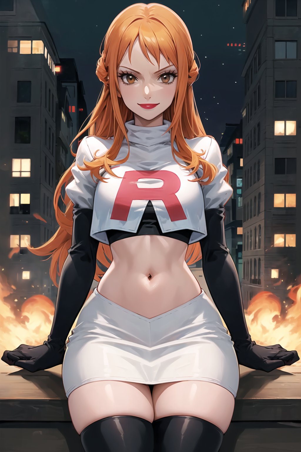 Team Rocket, cropped jacket, white jacket, crop top, jacket, gloves, black gloves, elbow gloves, navel, midriff, white skirt, miniskirt, skirt, black thighhigh boots,military_uniform,looking at viewer, city, night, sky, (intricately detailed, hyperdetailed), burning building background,depth of field, best quality, masterpiece, intricate details, tonemapping, sharp focus, hyper detailed, trending on Artstation,1 girl, high res, official art,evil smile,purple_eyeshadow,pink_lipstick,crossed_legs_(sitting),orange_hair,brown_eyes,long_hair, nami_(one_piece),nami \(one piece\)