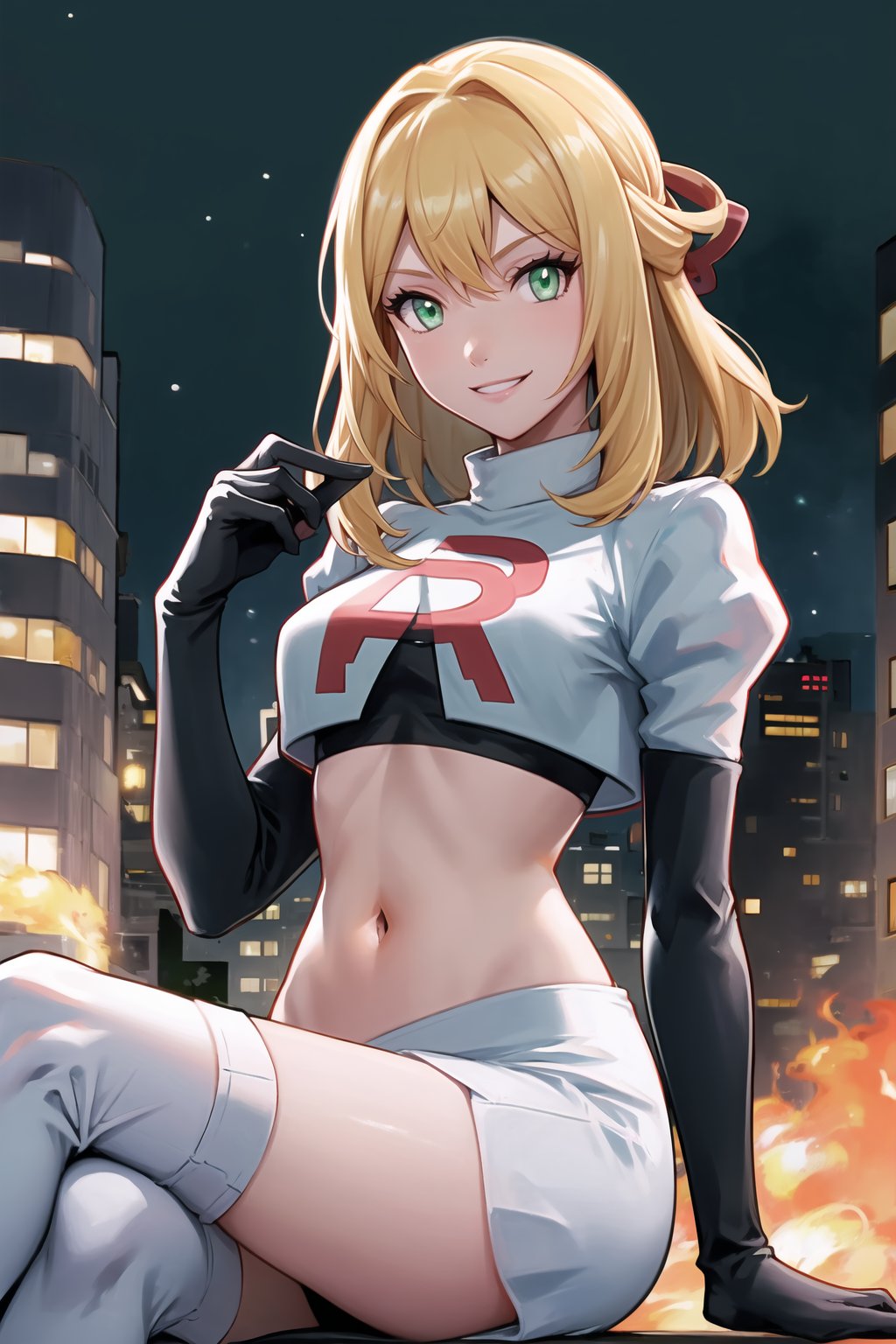 Team Rocket, cropped jacket, white jacket, crop top, jacket, gloves, black gloves, elbow gloves, navel, midriff, white skirt, miniskirt, skirt, black thighhigh boots,military_uniform,looking at viewer, city, night, sky, (intricately detailed, hyperdetailed), burning building background,depth of field, best quality, masterpiece, intricate details, tonemapping, sharp focus, hyper detailed, trending on Artstation,1 girl, high res, official art,evil smile,crossed_legs_(sitting),fiora (xenoblade),blond_hair,green_eyes