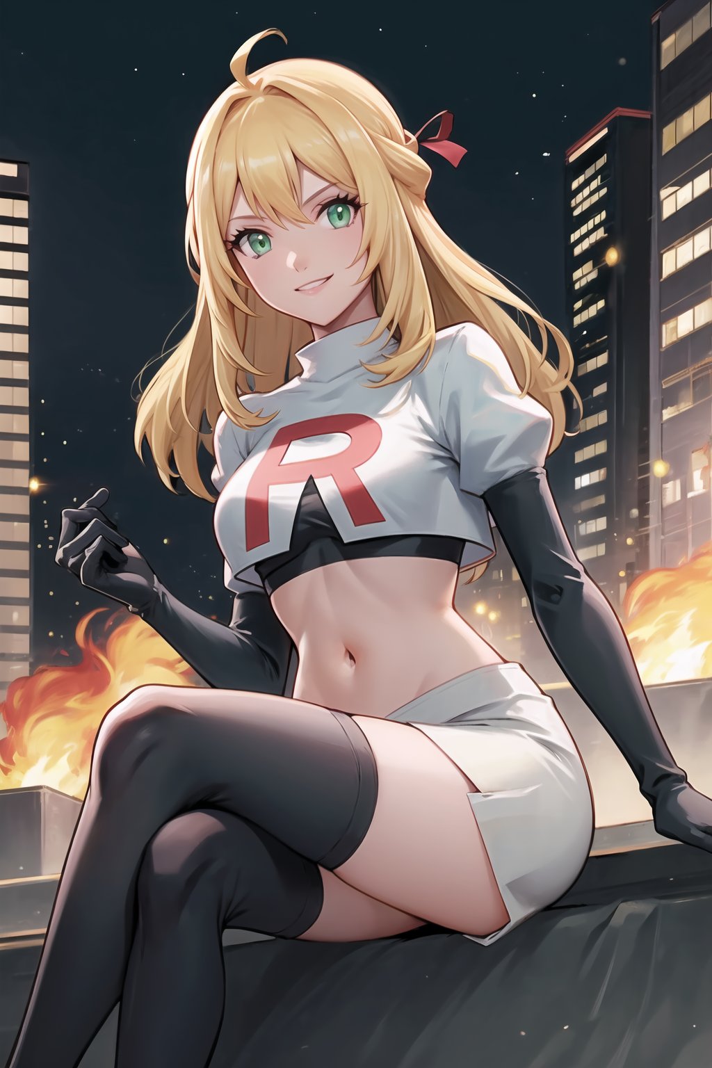 Team Rocket, cropped jacket, white jacket, crop top, jacket, gloves, black gloves, elbow gloves, navel, midriff, white skirt, miniskirt, skirt, black thighhigh boots,military_uniform,looking at viewer, city, night, sky, (intricately detailed, hyperdetailed), burning building background,depth of field, best quality, masterpiece, intricate details, tonemapping, sharp focus, hyper detailed, trending on Artstation,1 girl, high res, official art,evil smile,crossed_legs_(sitting),fiora (xenoblade),blond_hair,green_eyes