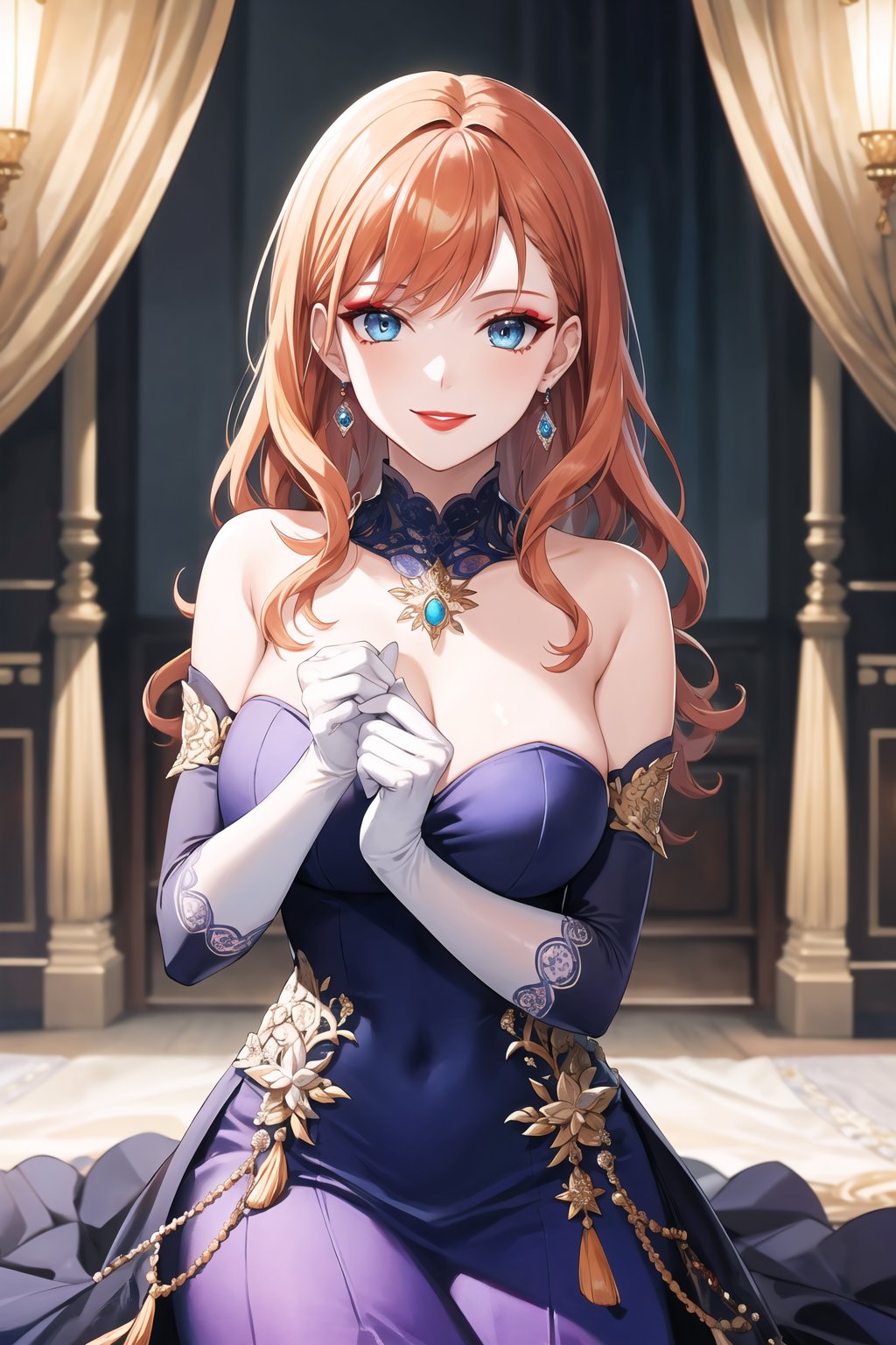 elbow gloves,white_gloves ,blue_dress,long_dress,strapless_dress,long white satin elbow gloves,looking at viewer,  asiática, (intricately detailed, hyperdetailed), ballroom background,depth of field, best quality, masterpiece, intricate details, tonemapping, sharp focus, hyper detailed, trending on Artstation,1 girl, high res, official art,smile, jewelry, makeup,light_blue_eyes,warAnne, long hair, wavy hair,orange_hair,red_lipstick,purple_eyeshadow