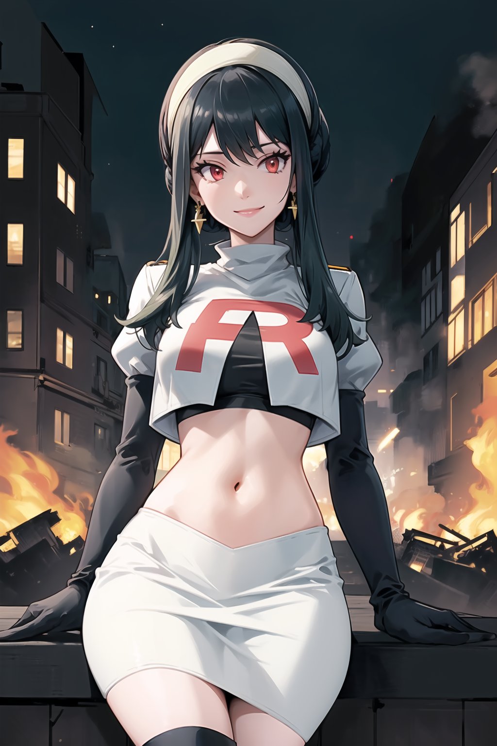 Team Rocket, cropped jacket, white jacket, crop top, jacket, gloves, black gloves, elbow gloves, navel, midriff, white skirt, miniskirt, skirt, black thighhigh boots,military_uniform,white_military_hat,looking at viewer, city, night, sky, (intricately detailed, hyperdetailed), burning building background,depth of field, best quality, masterpiece, intricate details, tonemapping, sharp focus, hyper detailed, trending on Artstation,1 girl, high res, official art,evil smile,crossed_legs_(sitting),bbyorf, short hair with long locks,white hairband, red eyes, gold earrings, jewelry