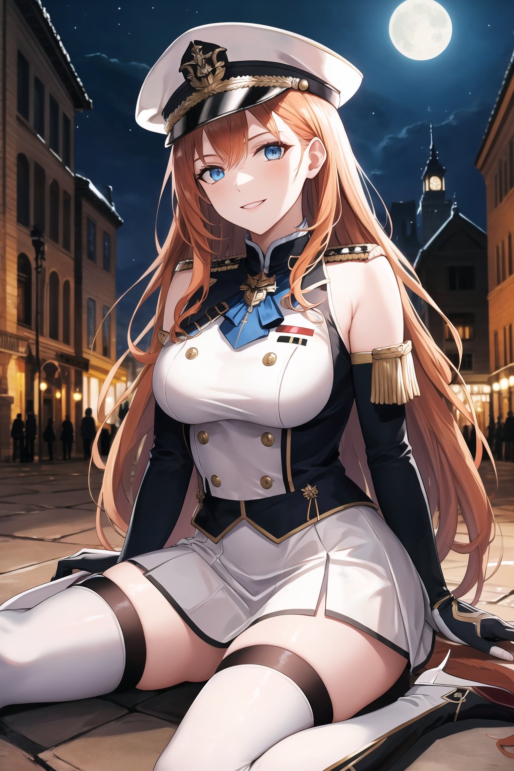 elbow gloves, white skirt, miniskirt, skirt, white_thighhigh_boots,military_uniform,military_hat,long white elbow gloves,sleeveless ,no_sleeves,shoulder_cape,looking at viewer, city, night, sky, (intricately detailed, hyperdetailed), burning building background,depth of field, best quality, masterpiece, intricate details, tonemapping, sharp focus, hyper detailed, trending on Artstation,1 girl, high res, official art,evil smile,sitting_down,crossed_legs_(sitting),sitting_on,light_blue_eyes,warAnne, long hair, wavy hair,orange_hair